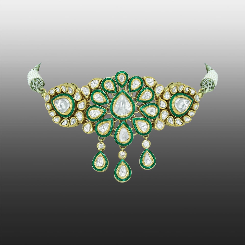 Polki Choker with Green Enamel, Floral Motif, and Teardrop Motif